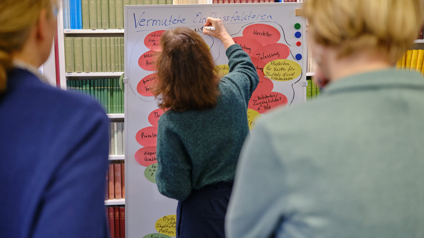 Professorin schreibt Begriffe auf Mindmap